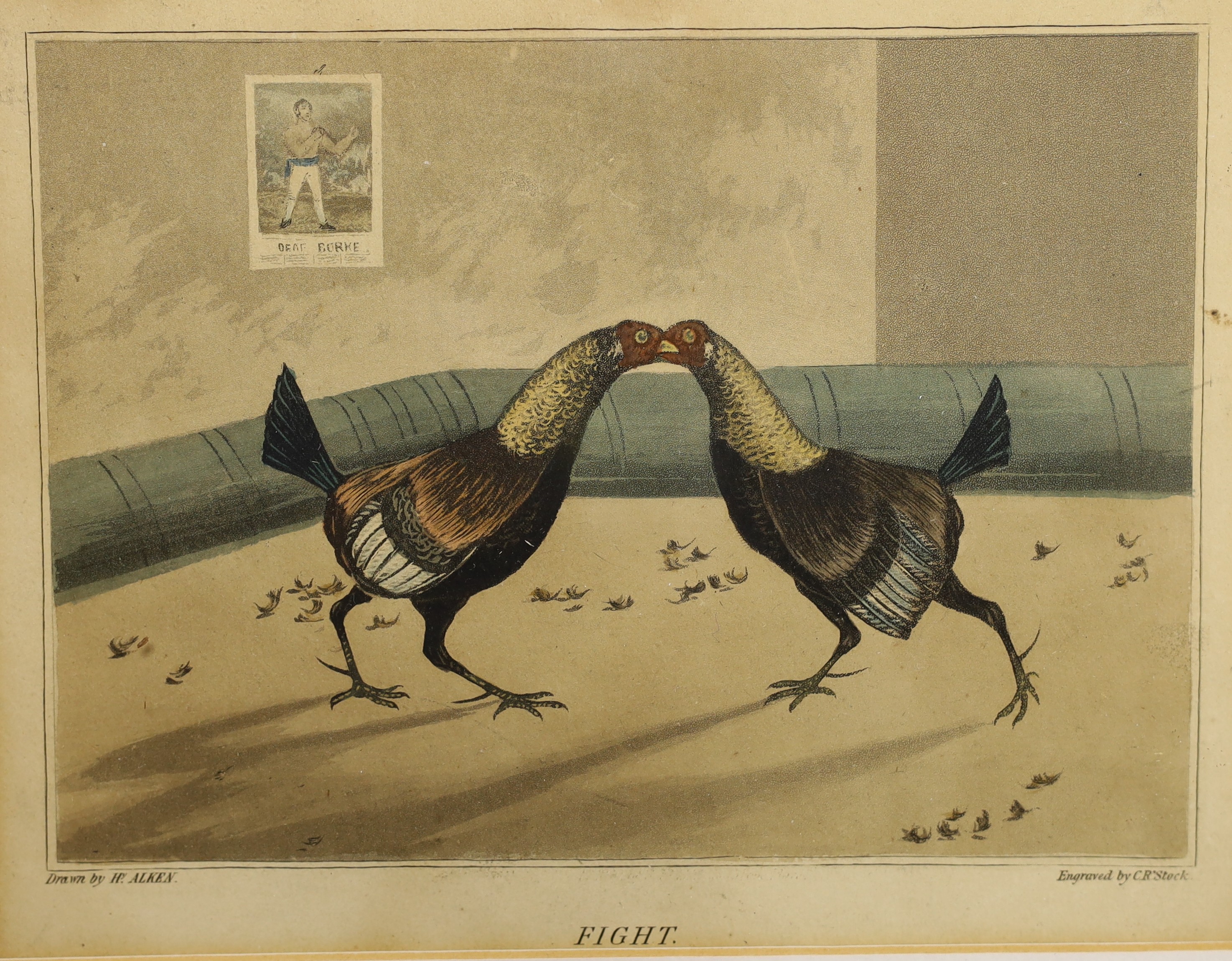 A set of three cock fighting prints by Stock after Henry Alken, 15 x 20cm.
